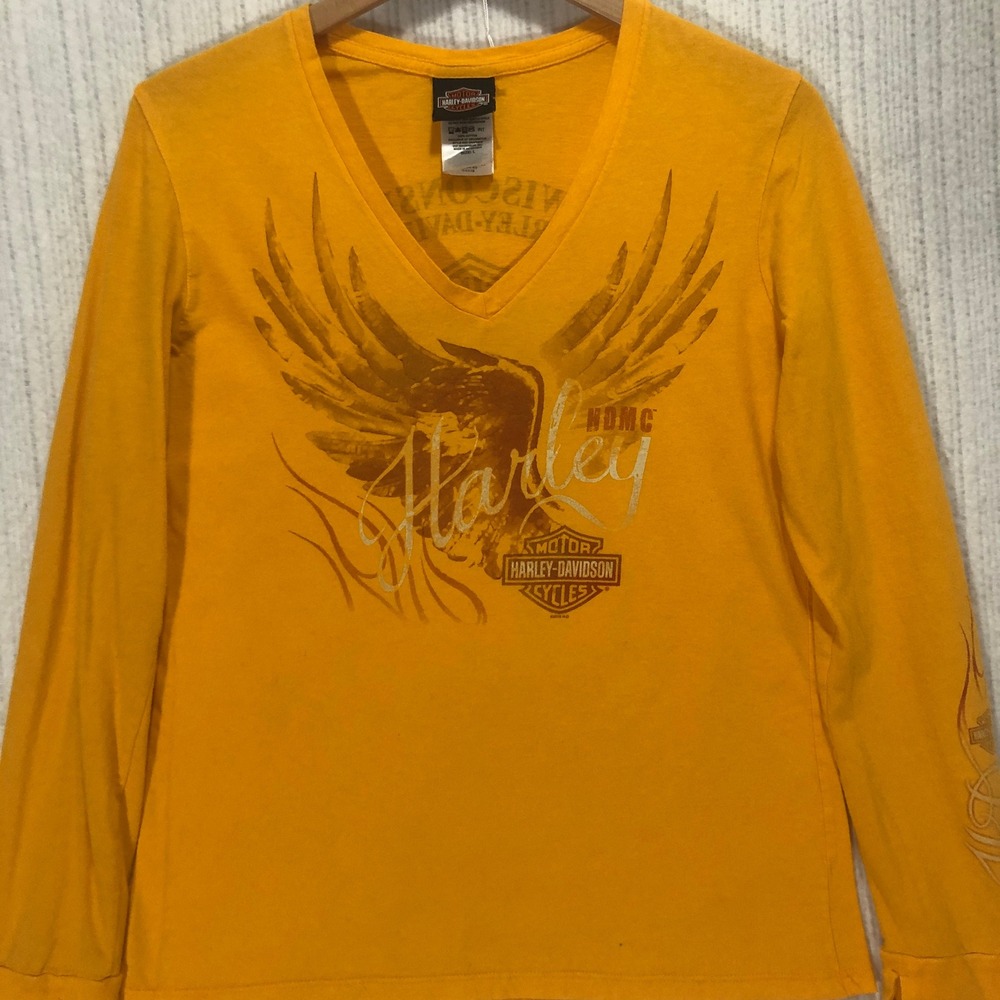 Harley Davidson Eagle Long Sleeve V Neck Graphic Tee Motorcycle Top L